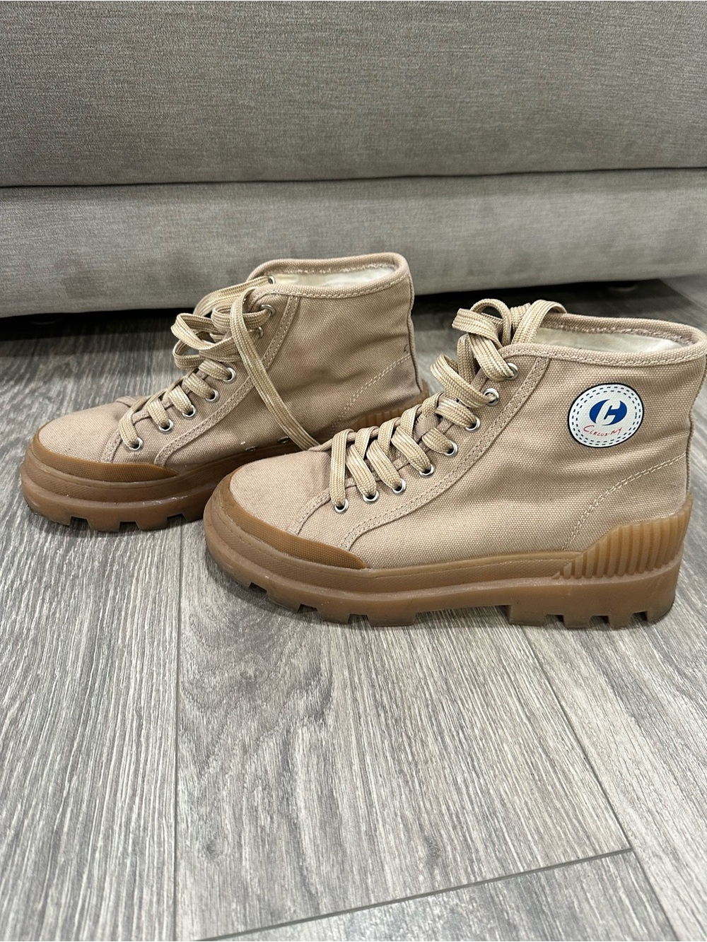 Sam Edelman Tan Canvas High-Top Boots with Gum Sole